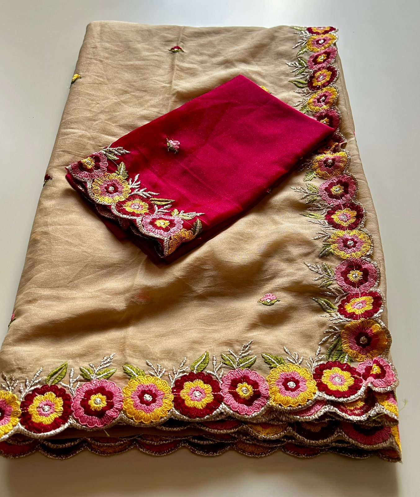 Traditional Party Wear Georgette Embroidery Work Flower Design Saree With Contrast Blouse Piece