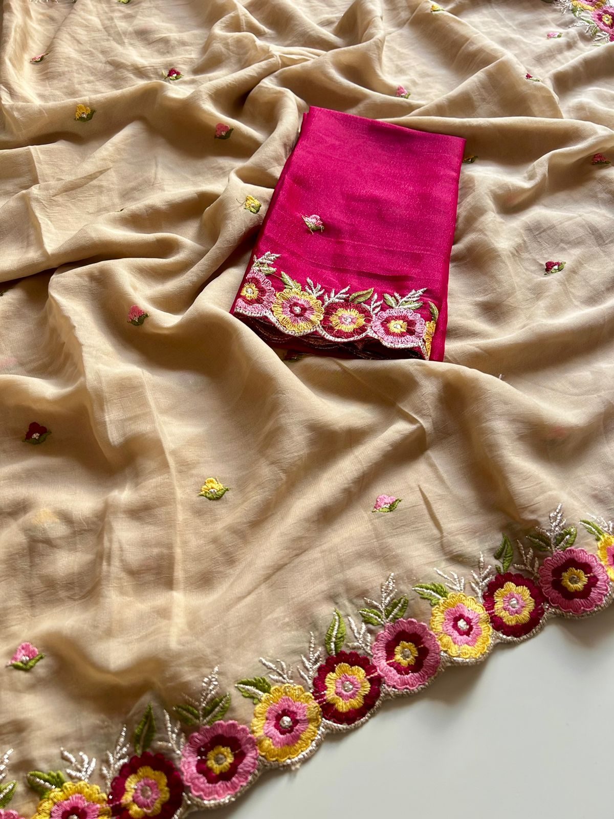 Traditional Party Wear Georgette Embroidery Work Flower Design Saree With Contrast Blouse Piece