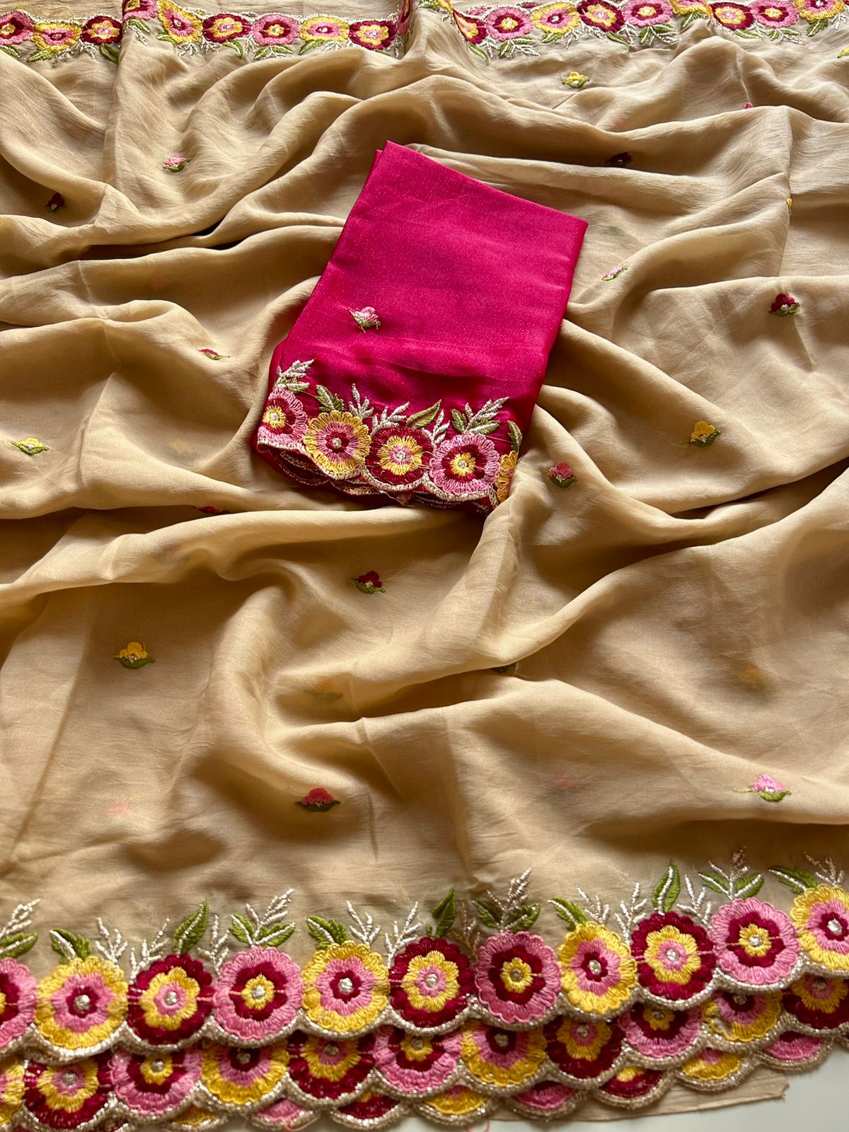 Traditional Party Wear Georgette Embroidery Work Flower Design Saree With Contrast Blouse Piece