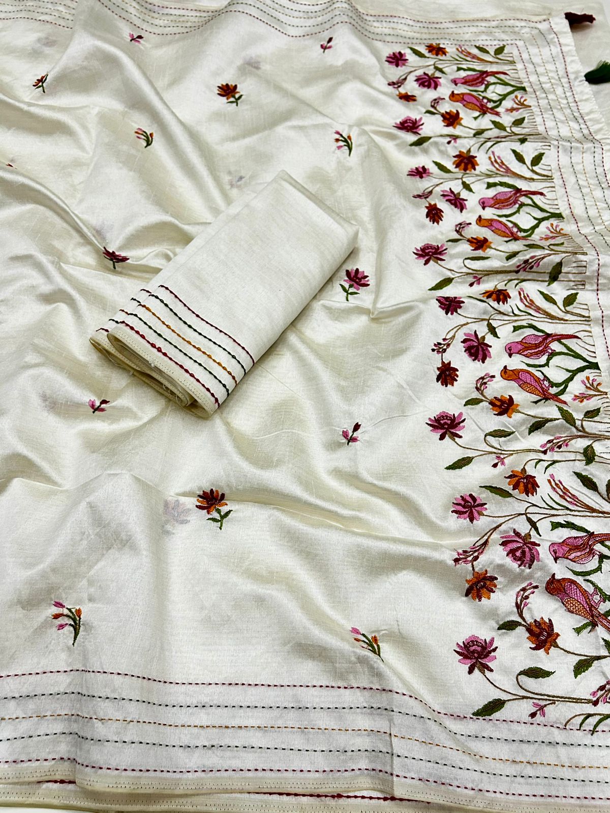Stunning Party Wear Tussar Silk Embroidered Thread Work Fancy Designer Saree With Blouse Piece