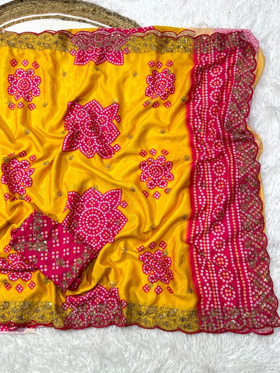 Mellifluous Wedding Wear Silk Print Zari n Sequence Work Designer Saree With Bandhni Blouse Piece