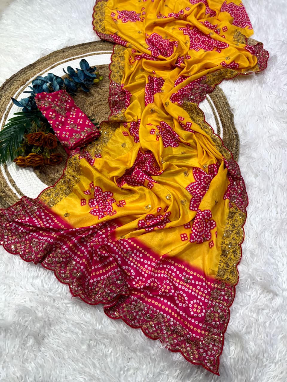 Mellifluous Wedding Wear Silk Print Zari n Sequence Work Designer Saree With Bandhni Blouse Piece