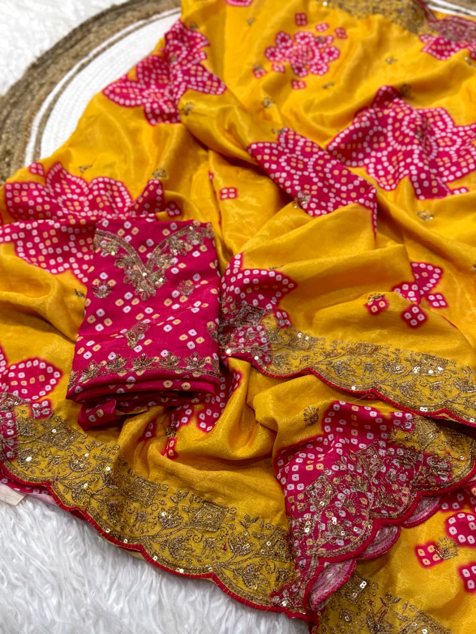 Mellifluous Wedding Wear Silk Print Zari n Sequence Work Designer Saree With Bandhni Blouse Piece