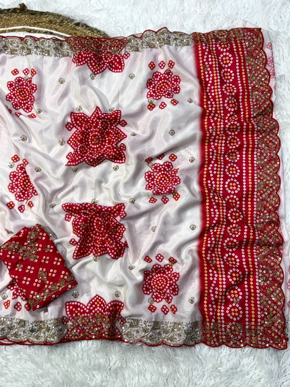 Mellifluous Wedding Wear Silk Print Zari n Sequence Work Designer Saree With Bandhni Blouse Piece