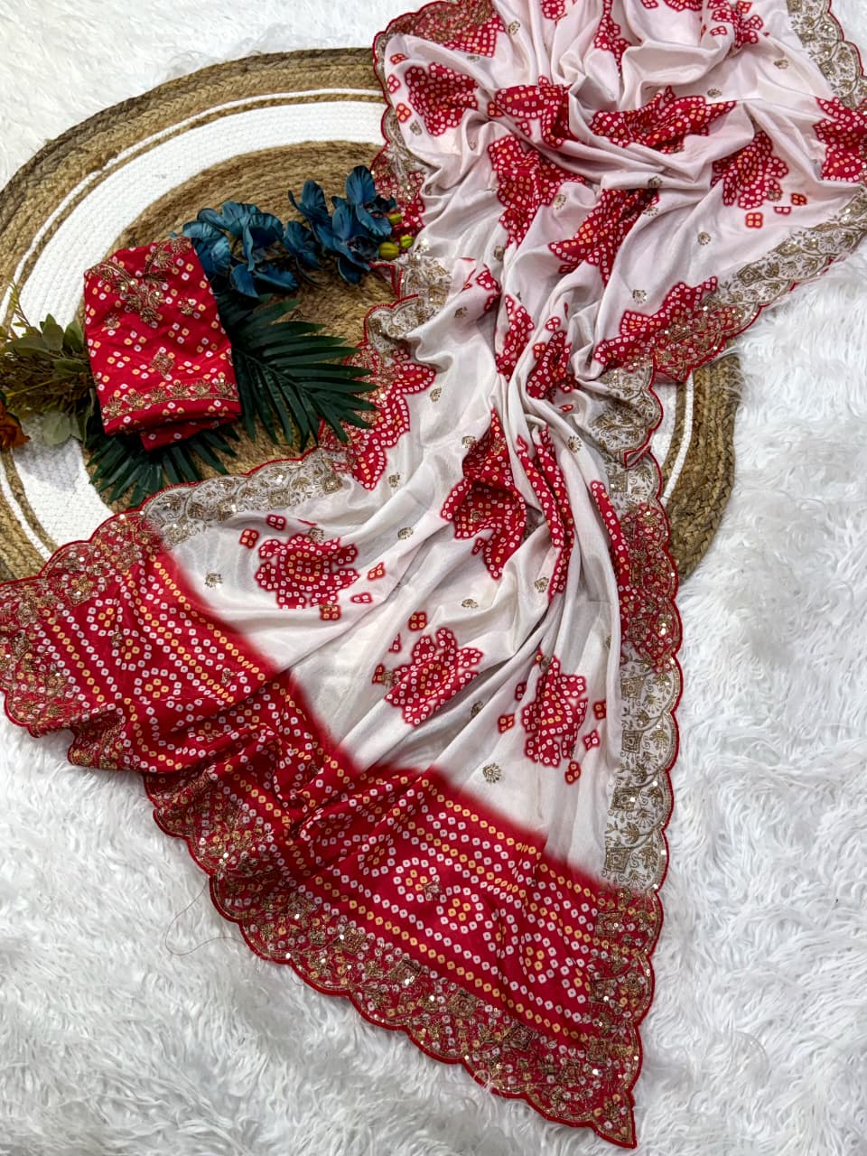Mellifluous Wedding Wear Silk Print Zari n Sequence Work Designer Saree With Bandhni Blouse Piece