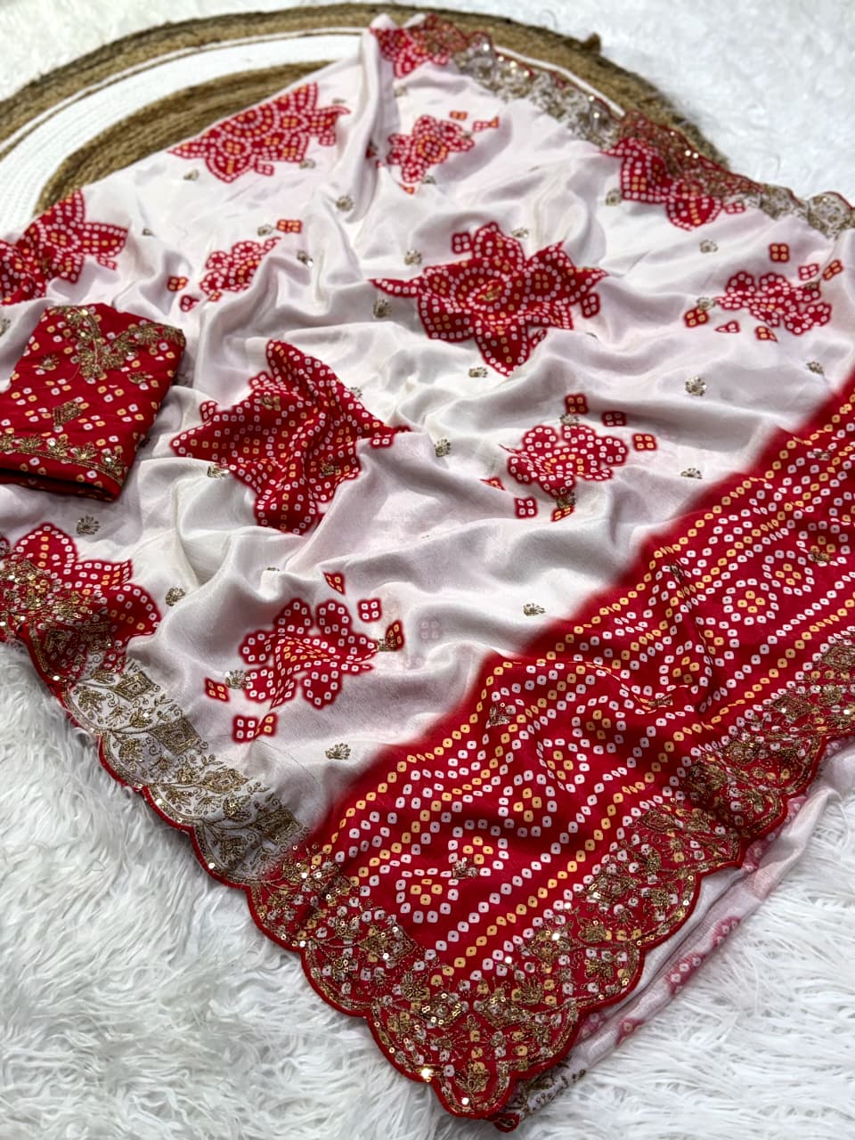 Mellifluous Wedding Wear Silk Print Zari n Sequence Work Designer Saree With Bandhni Blouse Piece