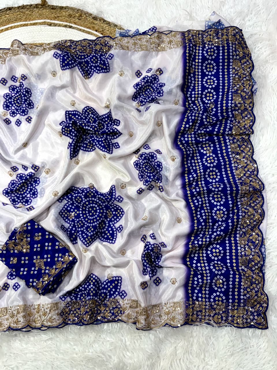 Mellifluous Wedding Wear Silk Print Zari n Sequence Work Designer Saree With Bandhni Blouse Piece