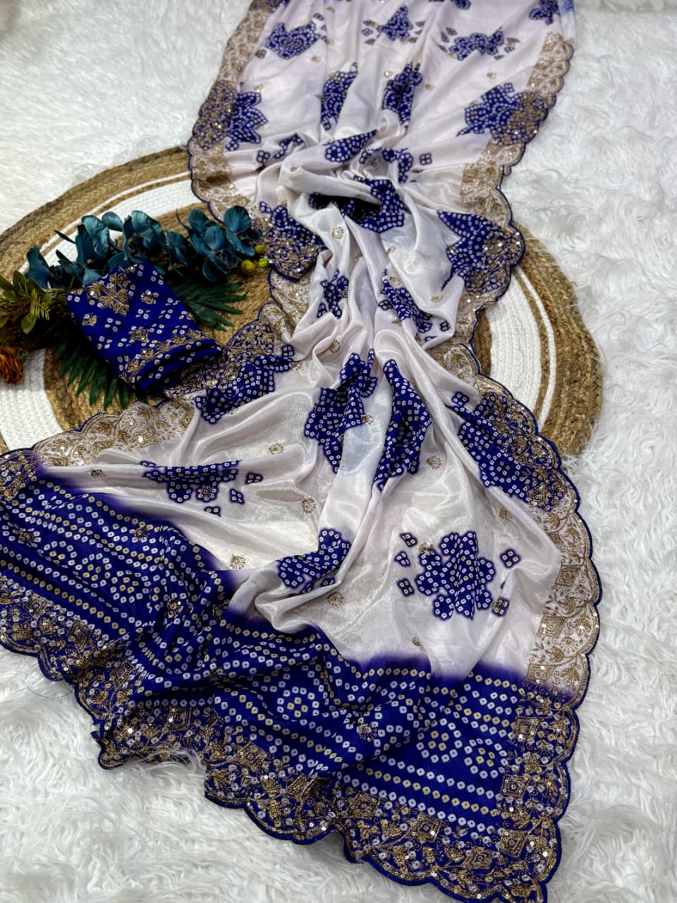 Mellifluous Wedding Wear Silk Print Zari n Sequence Work Designer Saree With Bandhni Blouse Piece