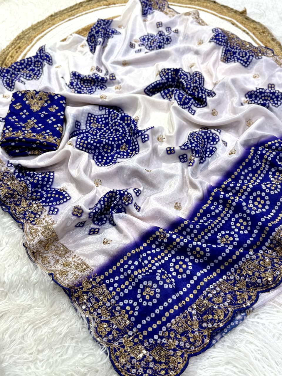 Mellifluous Wedding Wear Silk Print Zari n Sequence Work Designer Saree With Bandhni Blouse Piece