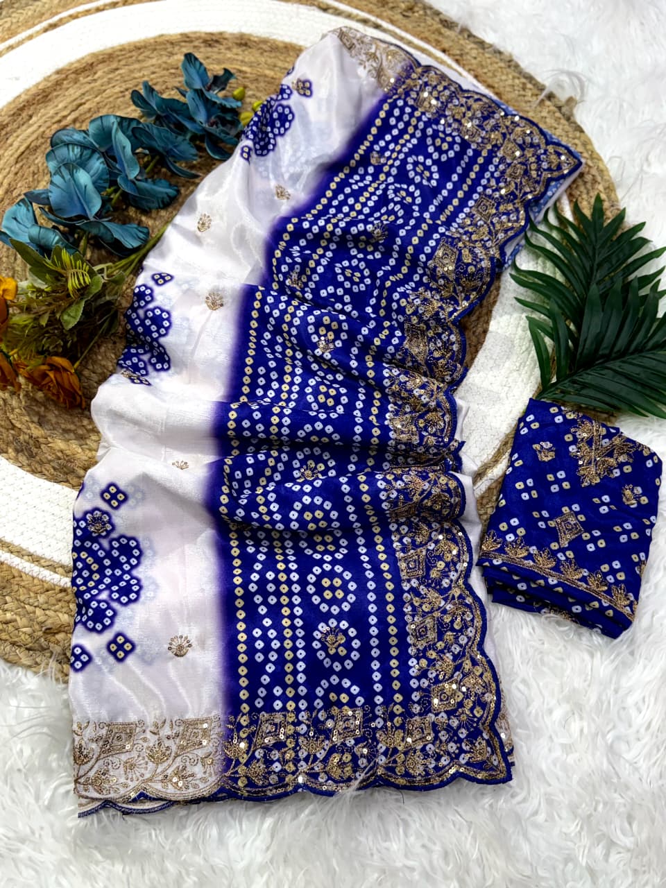 Mellifluous Wedding Wear Silk Print Zari n Sequence Work Designer Saree With Bandhni Blouse Piece