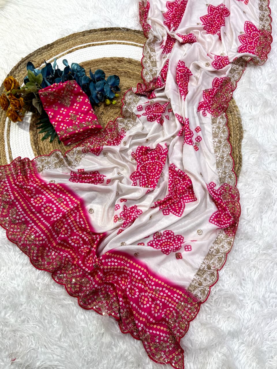 Mellifluous Wedding Wear Silk Print Zari n Sequence Work Designer Saree With Bandhni Blouse Piece