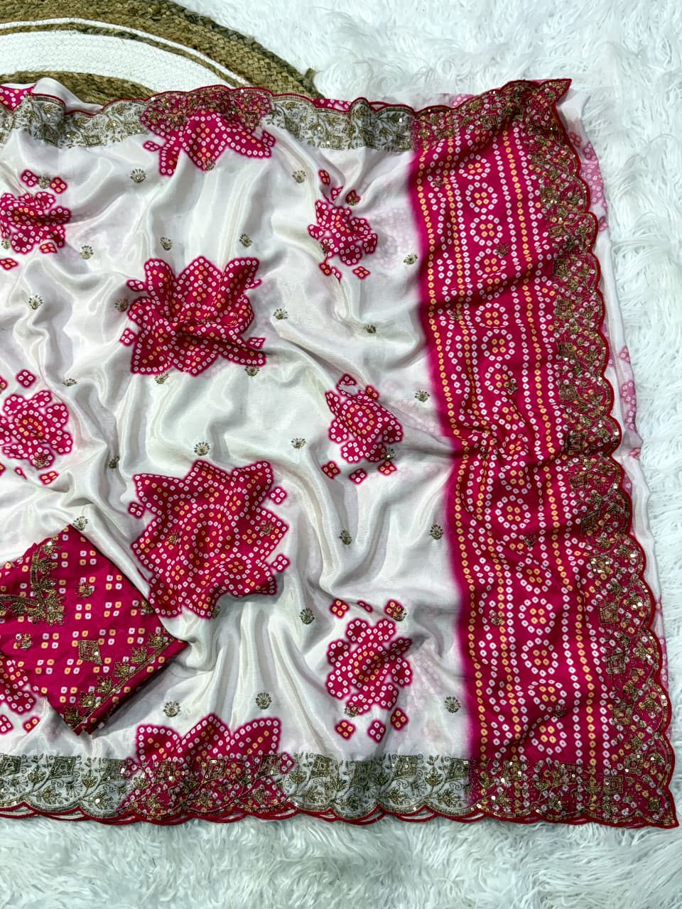 Mellifluous Wedding Wear Silk Print Zari n Sequence Work Designer Saree With Bandhni Blouse Piece