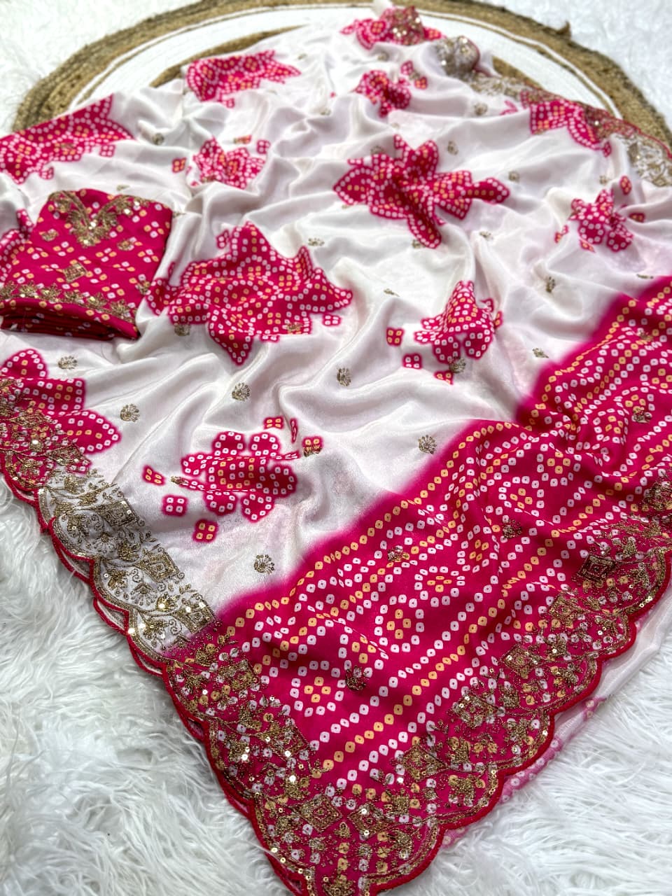 Mellifluous Wedding Wear Silk Print Zari n Sequence Work Designer Saree With Bandhni Blouse Piece