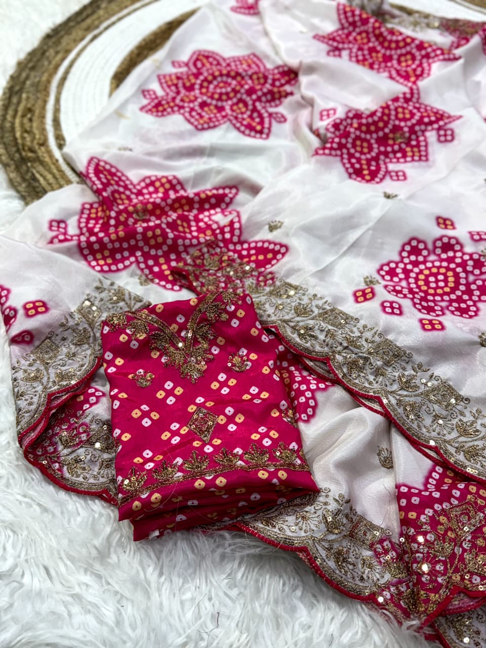 Mellifluous Wedding Wear Silk Print Zari n Sequence Work Designer Saree With Bandhni Blouse Piece