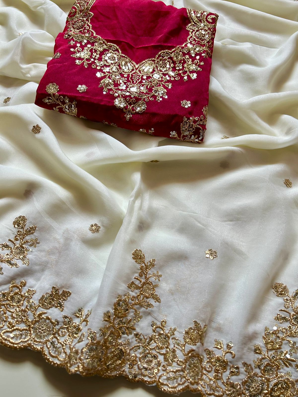Mellifluous Wedding Wear Crush Chiffon Embroidery n Sequence Work Designer Saree With Contrast Blouse Piece