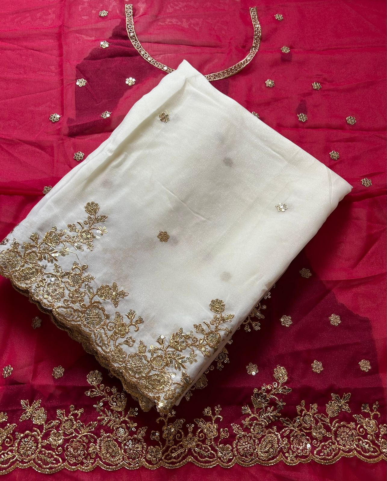 Mellifluous Wedding Wear Crush Chiffon Embroidery n Sequence Work Designer Saree With Contrast Blouse Piece