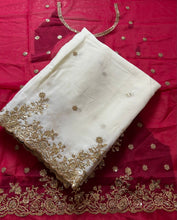 Load image into Gallery viewer, Mellifluous Wedding Wear Crush Chiffon Embroidery n Sequence Work Designer Saree With Contrast Blouse Piece
