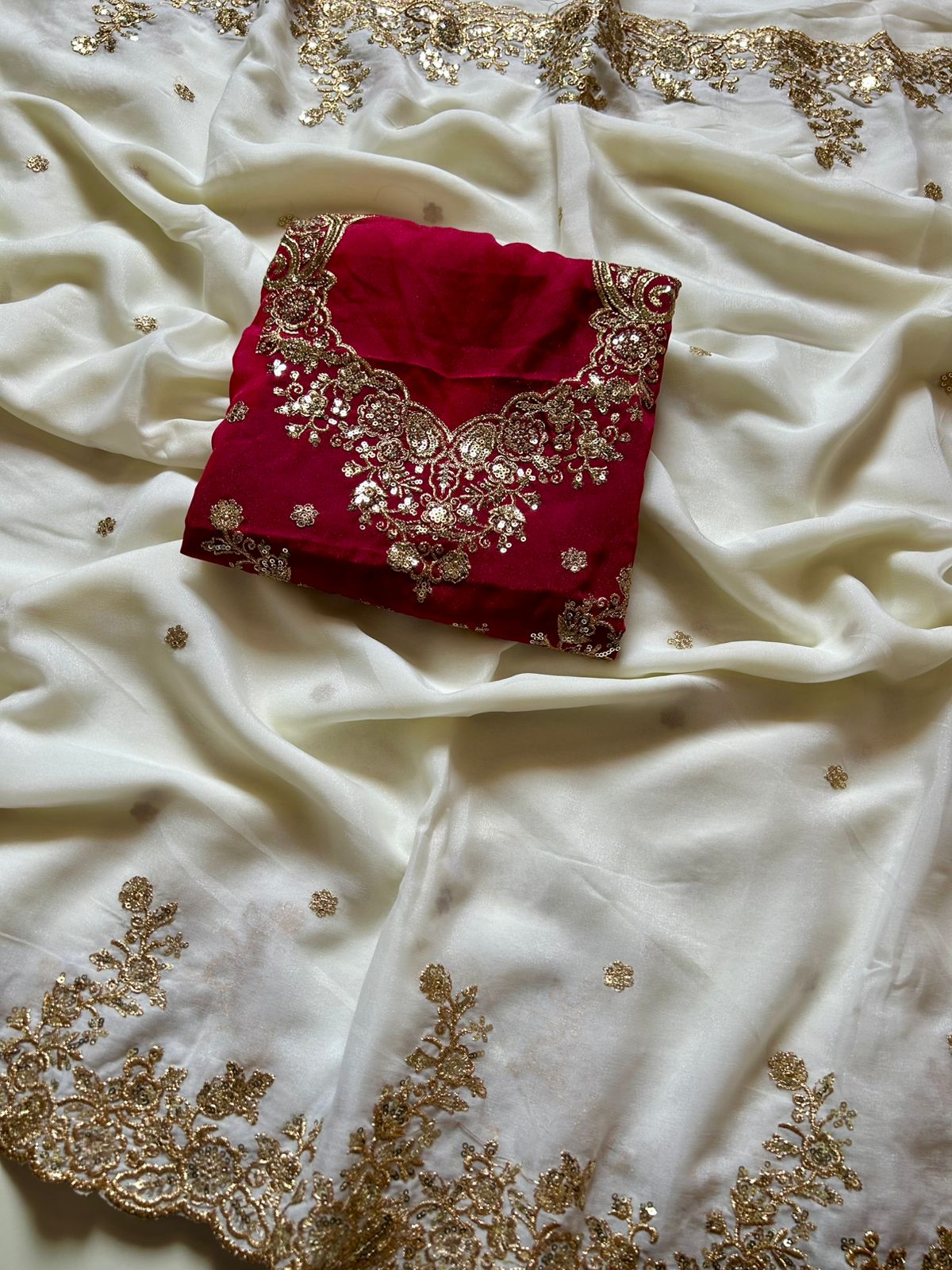 Mellifluous Wedding Wear Crush Chiffon Embroidery n Sequence Work Designer Saree With Contrast Blouse Piece