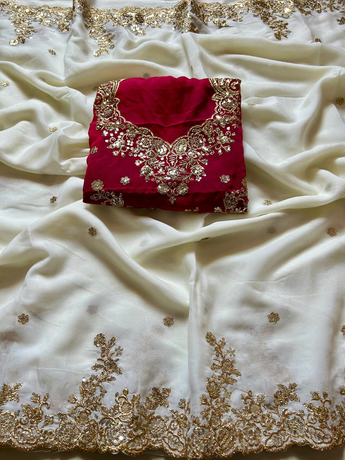 Mellifluous Wedding Wear Crush Chiffon Embroidery n Sequence Work Designer Saree With Contrast Blouse Piece