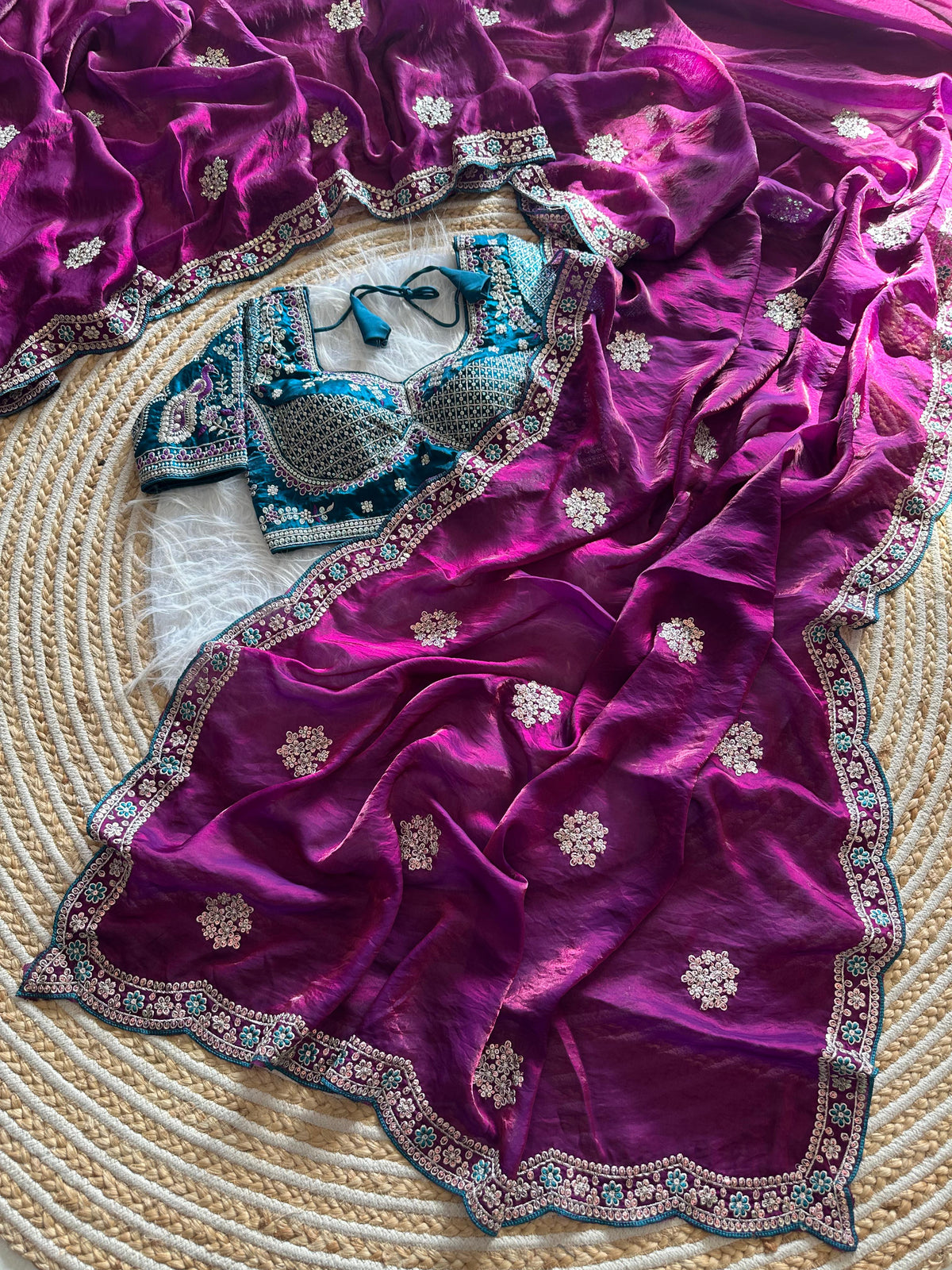 Exquisite Wedding Wear Pure Silk Embroidery Sequence n Multi Thread Work Fancy Saree With Stitched Blouse
