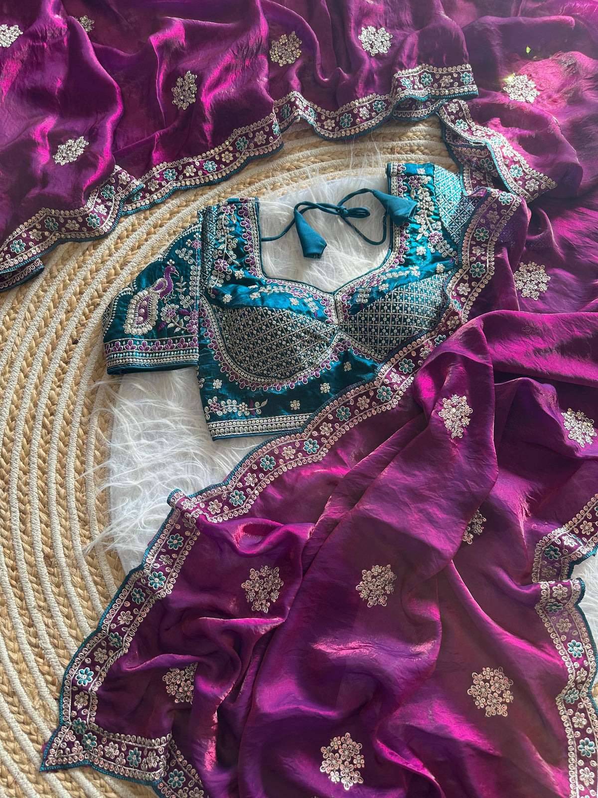 Exquisite Wedding Wear Pure Silk Embroidery Sequence n Multi Thread Work Fancy Saree With Stitched Blouse
