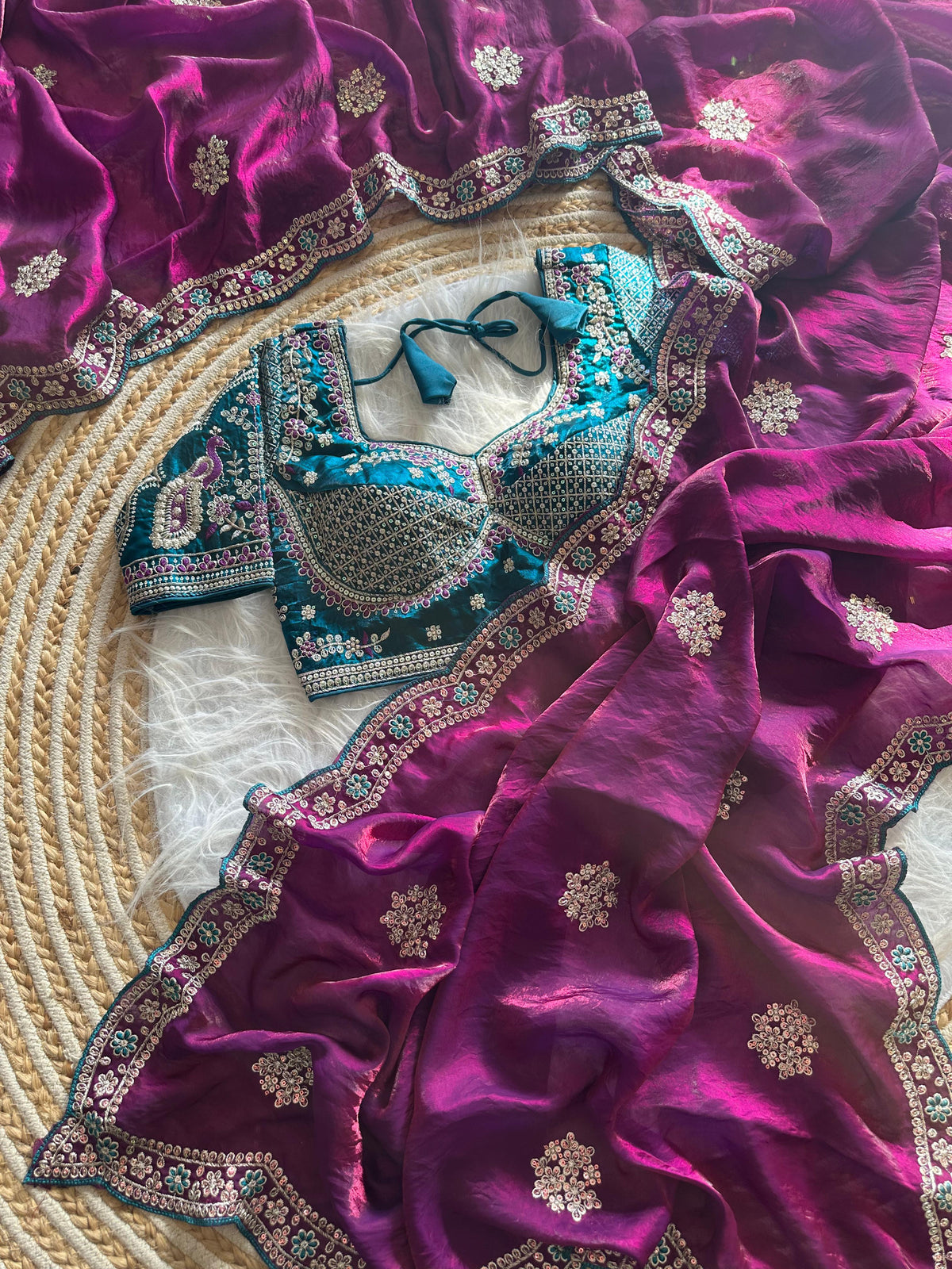 Exquisite Wedding Wear Pure Silk Embroidery Sequence n Multi Thread Work Fancy Saree With Stitched Blouse