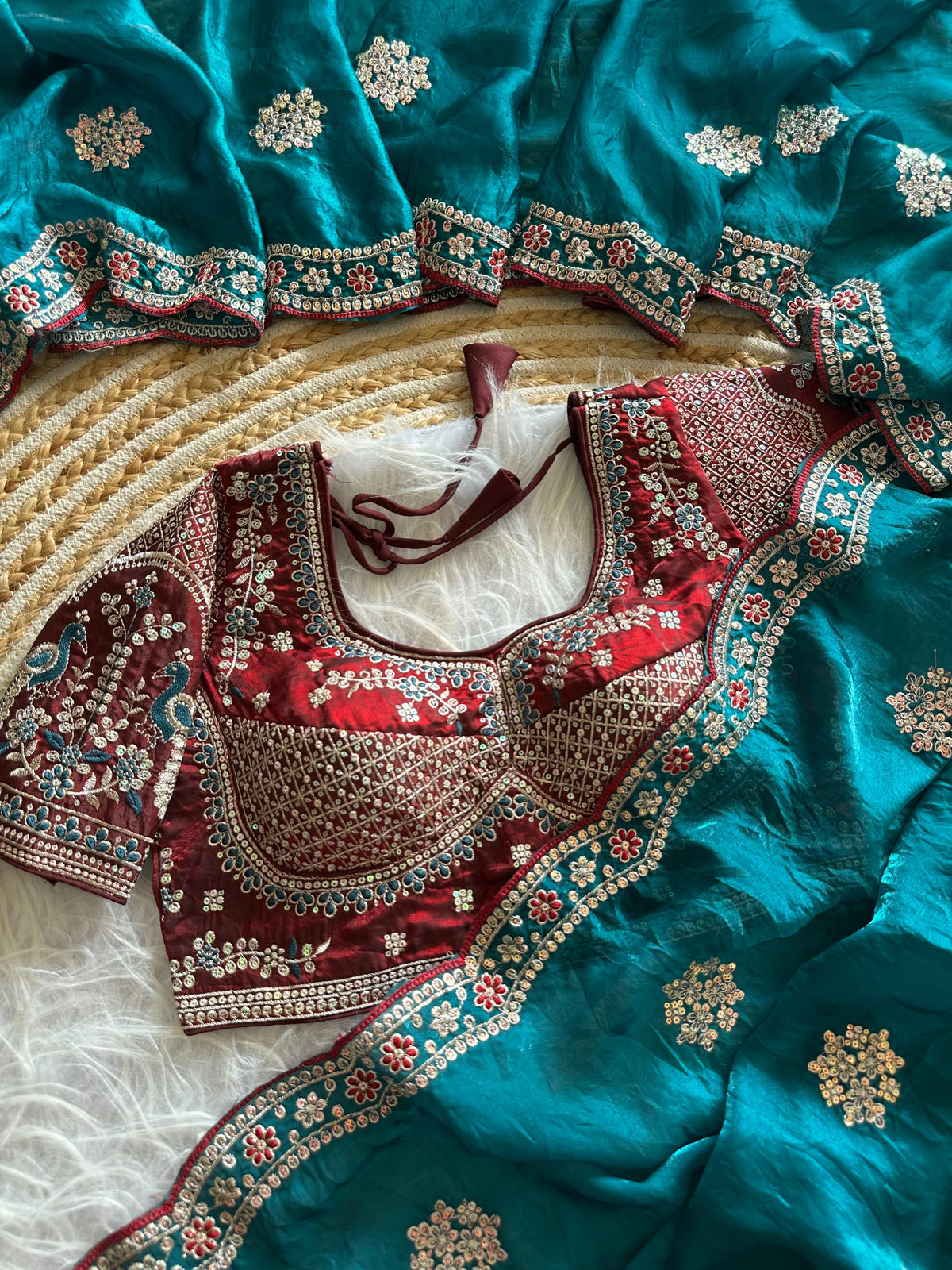 Exquisite Wedding Wear Pure Silk Embroidery Sequence n Multi Thread Work Fancy Saree With Stitched Blouse
