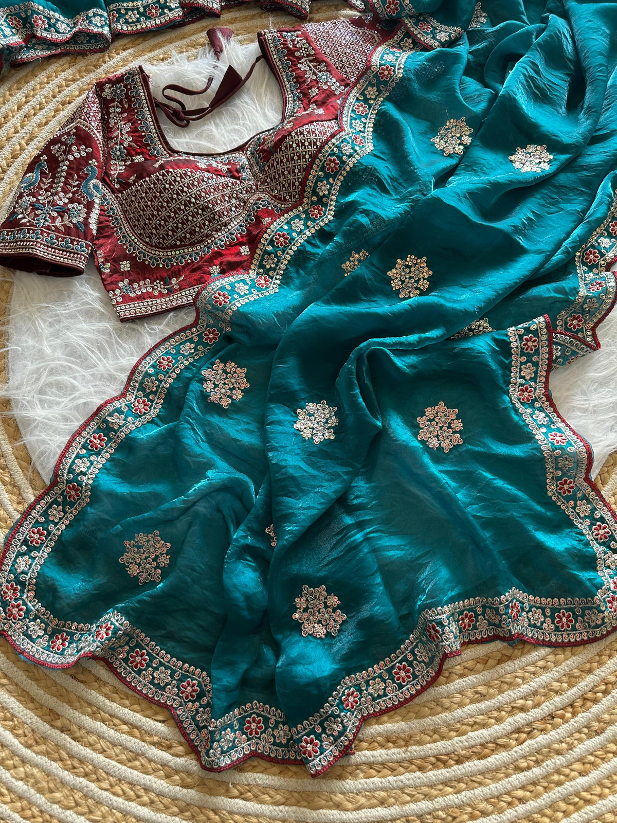 Exquisite Wedding Wear Pure Silk Embroidery Sequence n Multi Thread Work Fancy Saree With Stitched Blouse