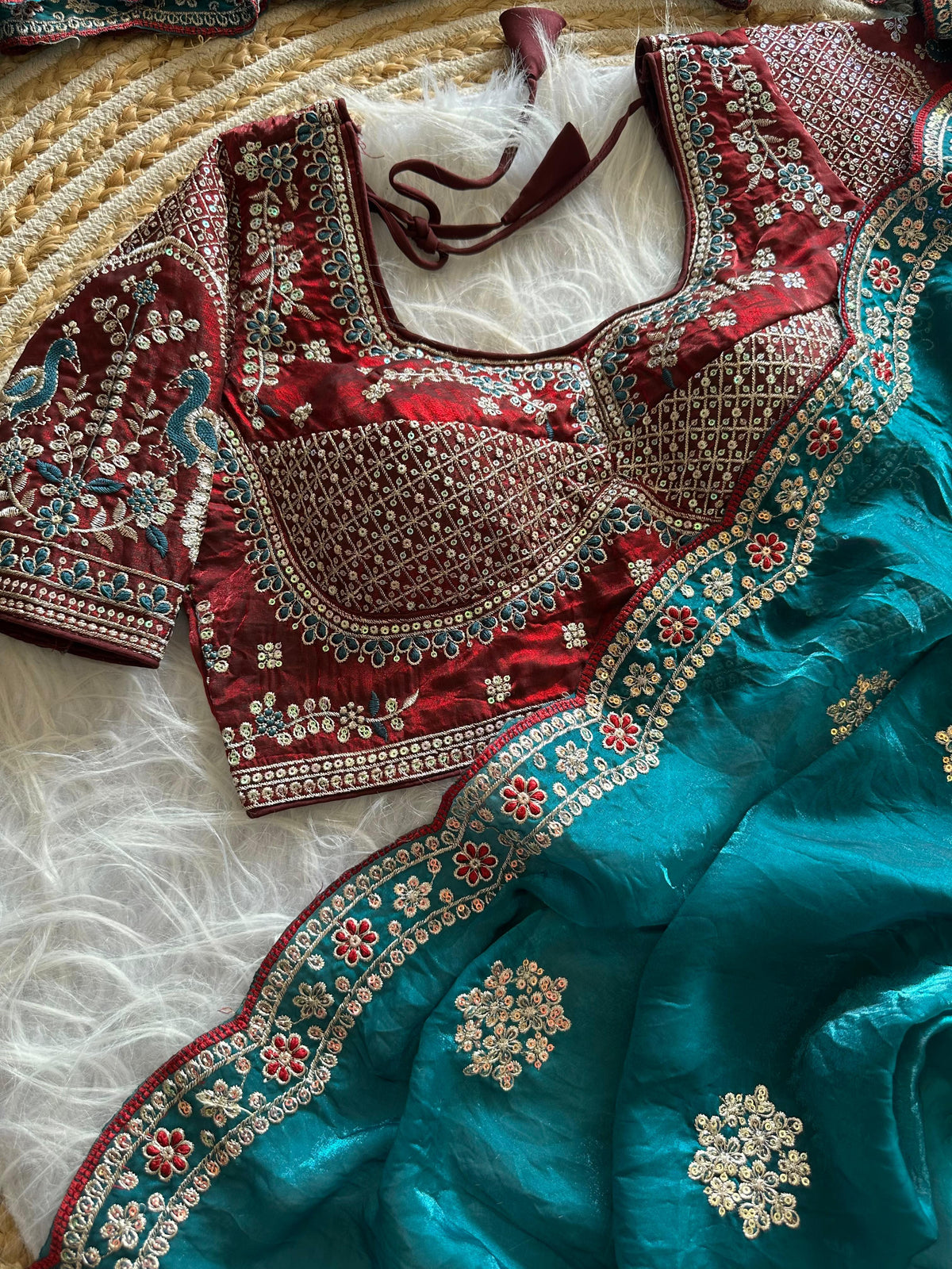 Exquisite Wedding Wear Pure Silk Embroidery Sequence n Multi Thread Work Fancy Saree With Stitched Blouse
