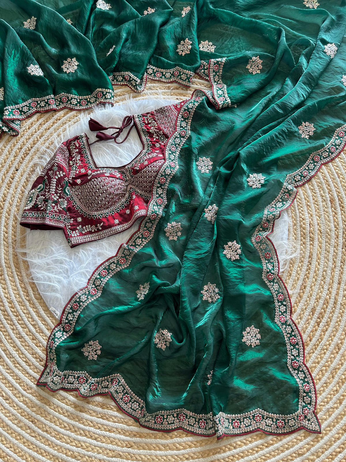 Exquisite Wedding Wear Pure Silk Embroidery Sequence n Multi Thread Work Fancy Saree With Stitched Blouse