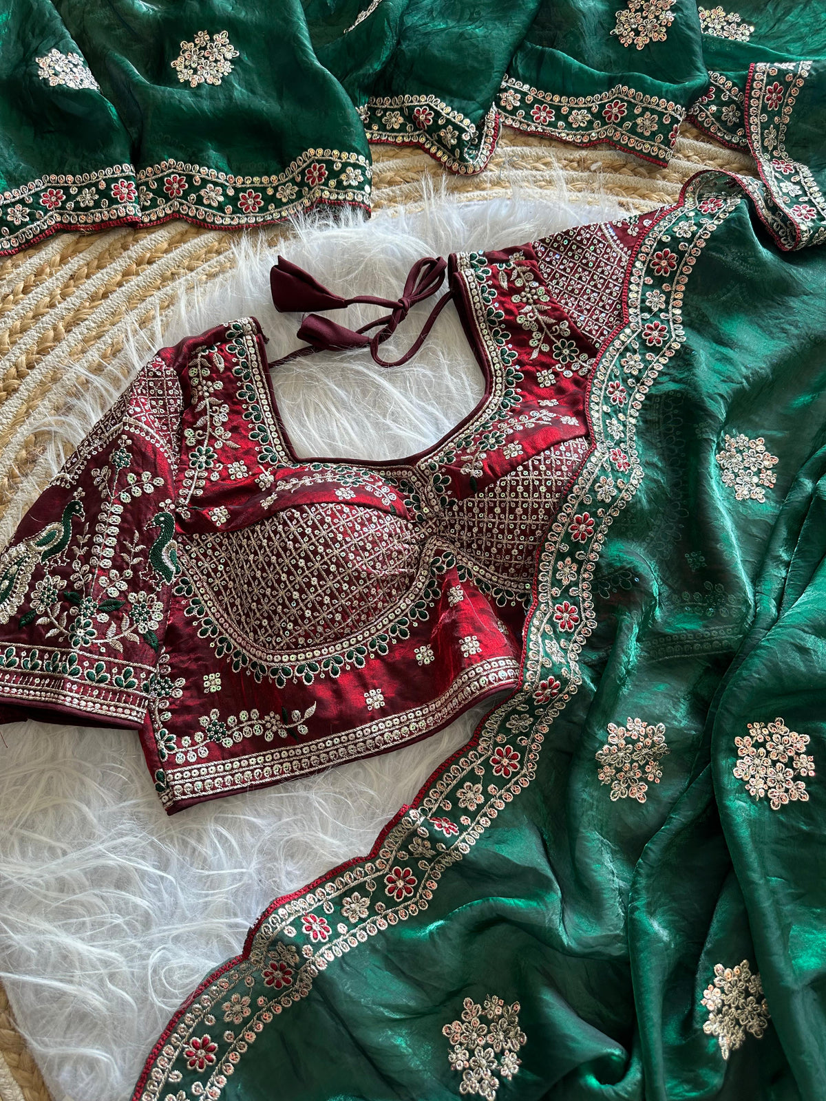 Exquisite Wedding Wear Pure Silk Embroidery Sequence n Multi Thread Work Fancy Saree With Stitched Blouse