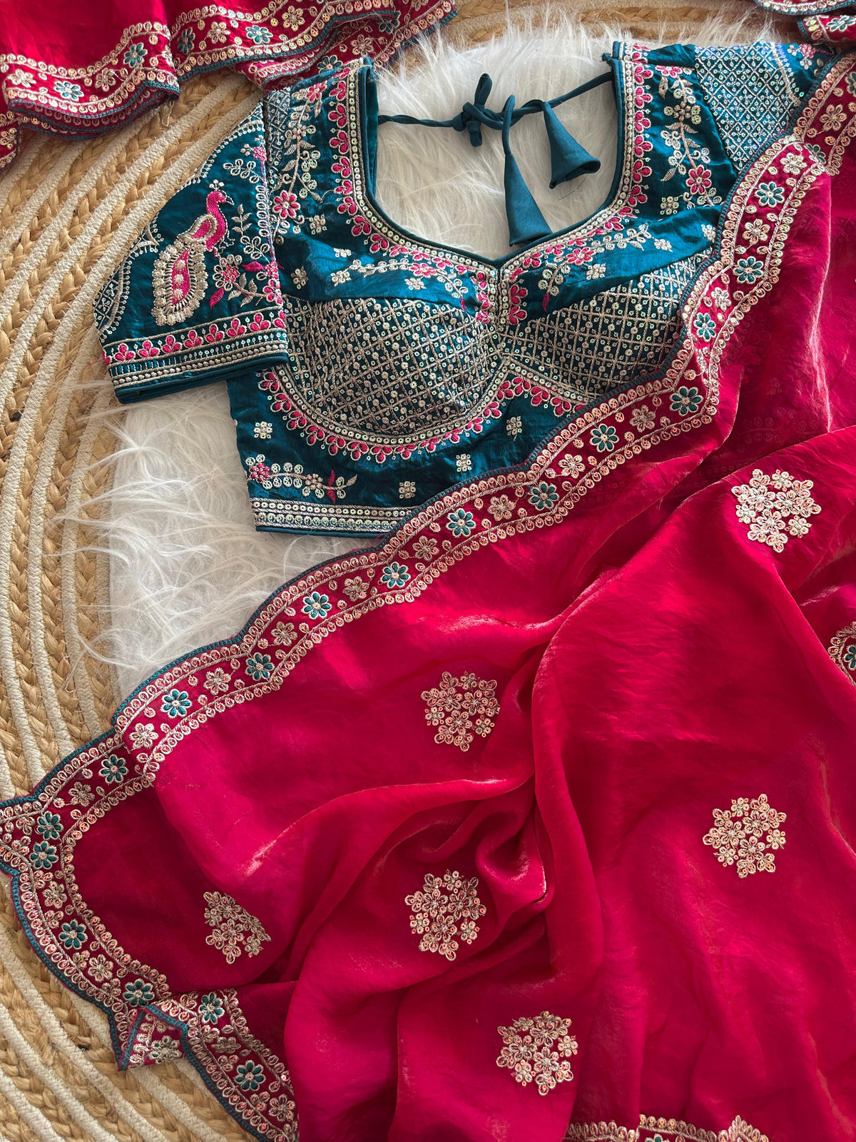 Exquisite Wedding Wear Pure Silk Embroidery Sequence n Multi Thread Work Fancy Saree With Stitched Blouse