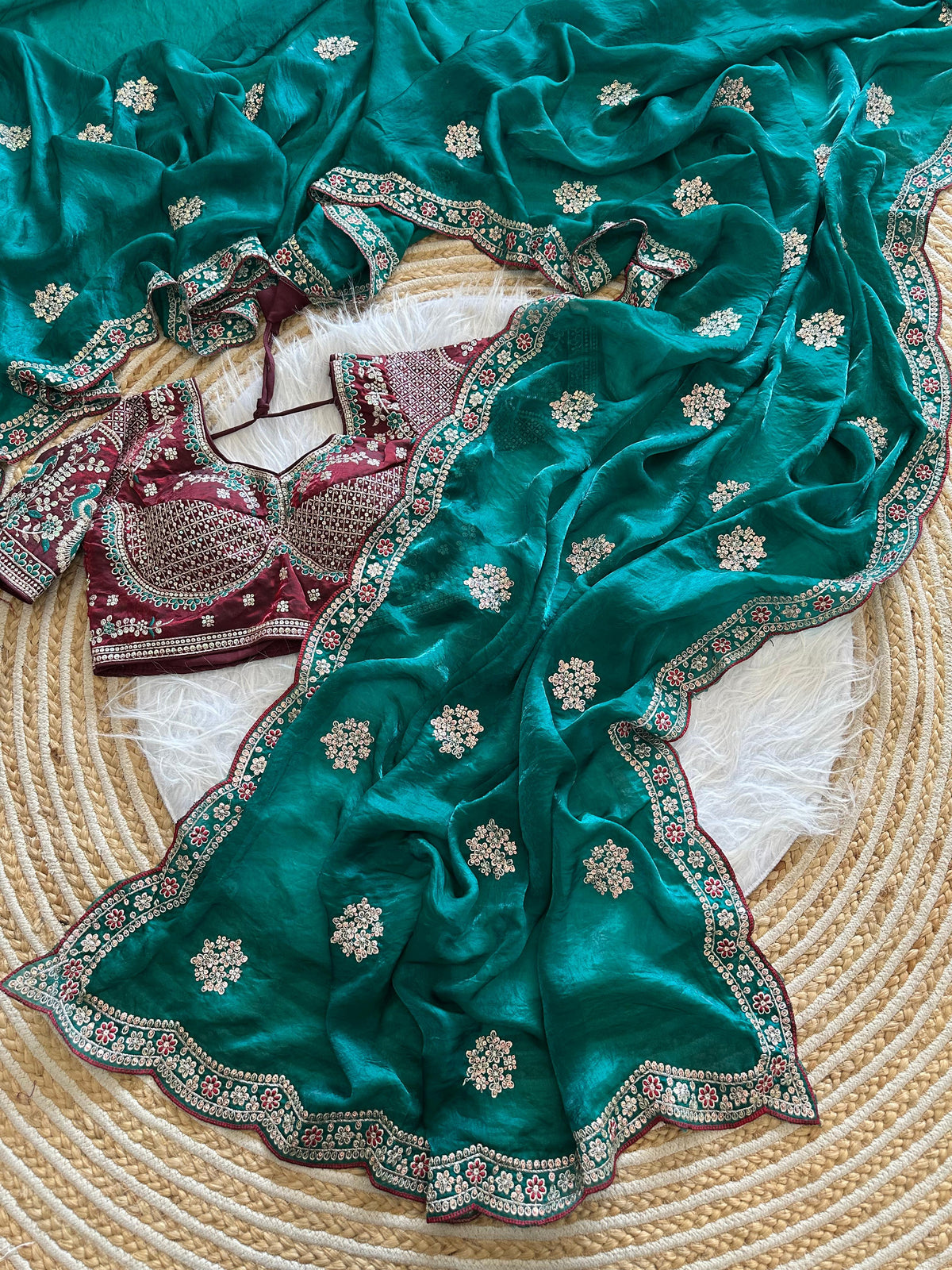 Exquisite Wedding Wear Pure Silk Embroidery Sequence n Multi Thread Work Fancy Saree With Stitched Blouse