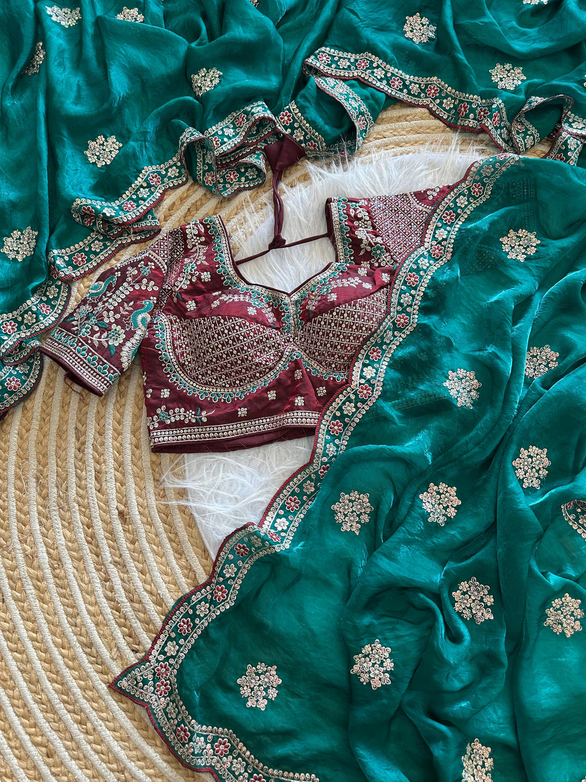Exquisite Wedding Wear Pure Silk Embroidery Sequence n Multi Thread Work Fancy Saree With Stitched Blouse