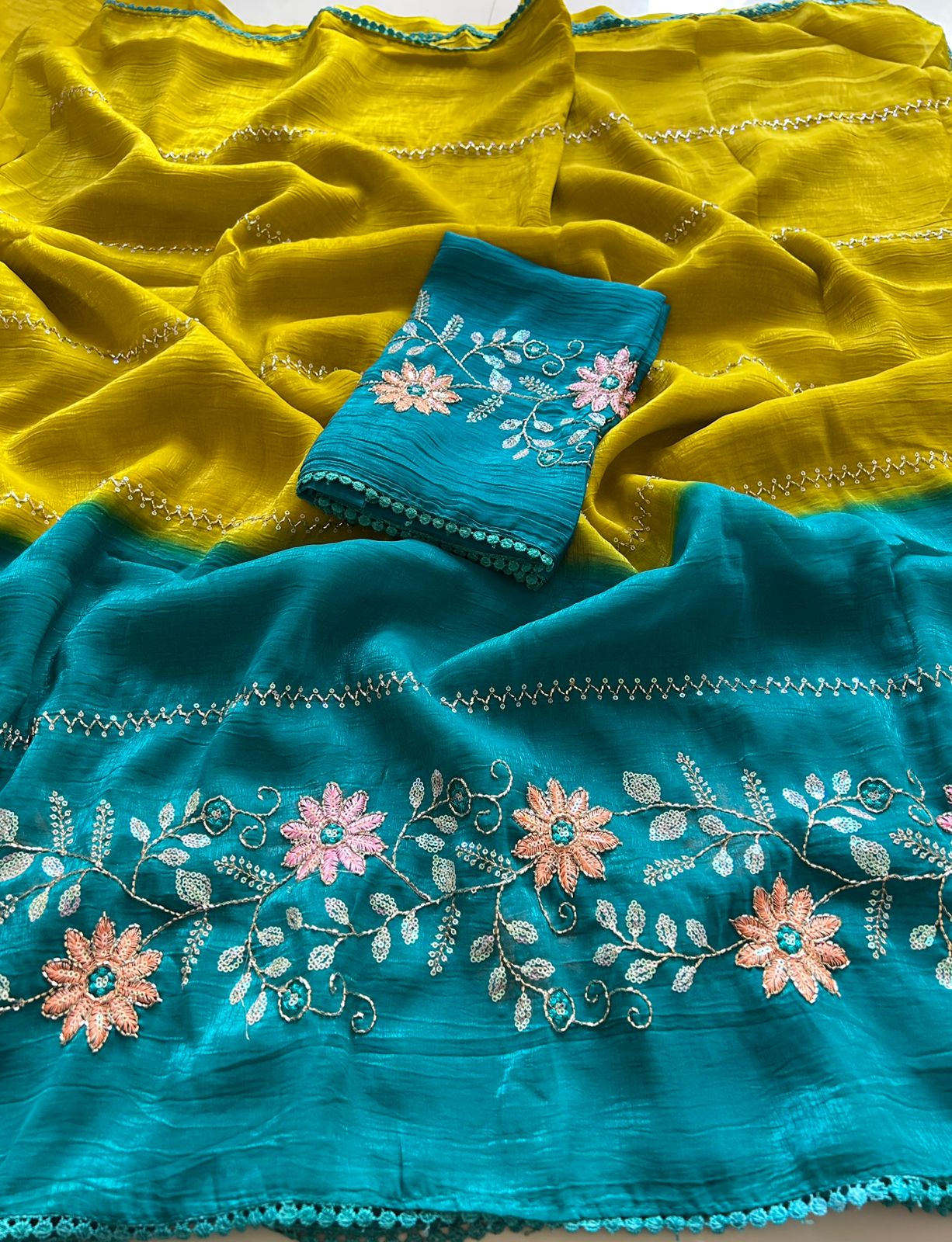 Charismatic Festive Wear Double Shaded Pure Crunchy Embroidery Sequence Work Saree For Ocassion