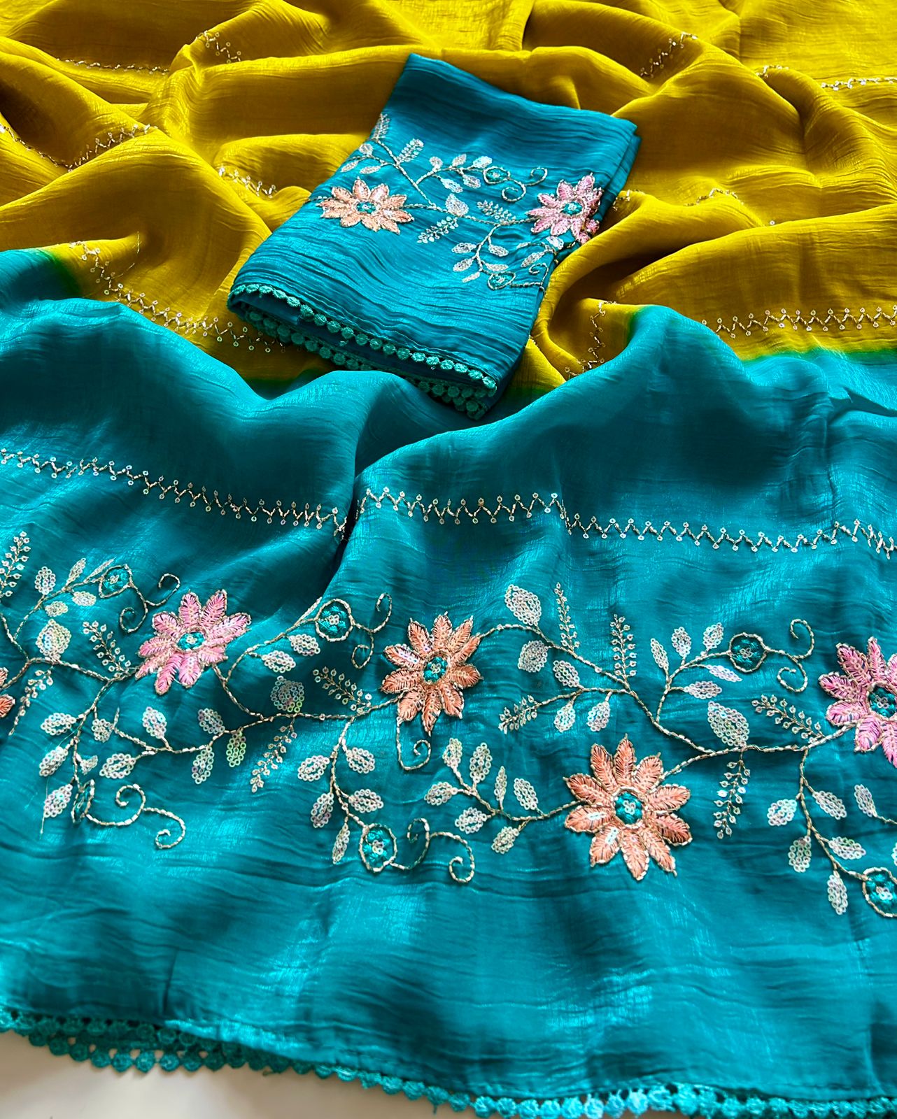 Charismatic Festive Wear Double Shaded Pure Crunchy Embroidery Sequence Work Saree For Ocassion