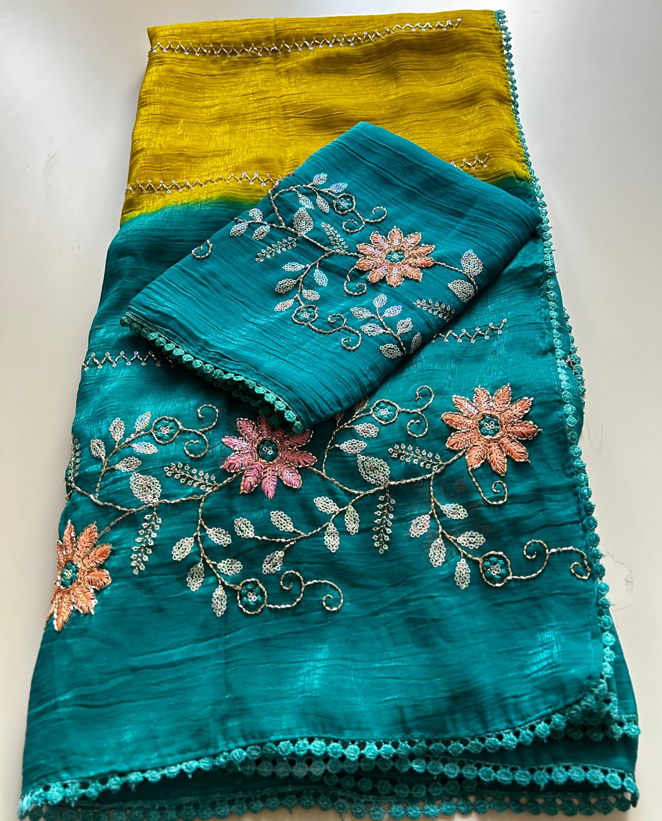 Charismatic Festive Wear Double Shaded Pure Crunchy Embroidery Sequence Work Saree For Ocassion