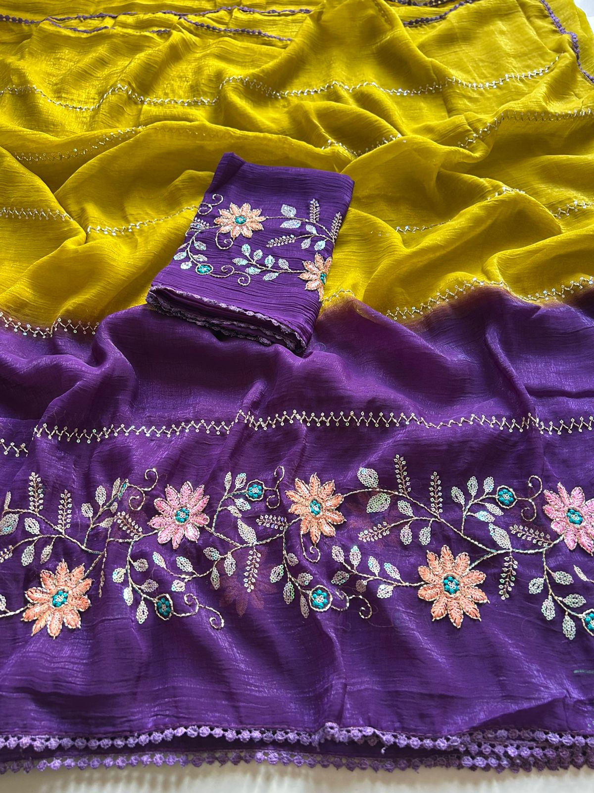 Charismatic Festive Wear Double Shaded Pure Crunchy Embroidery Sequence Work Saree For Ocassion