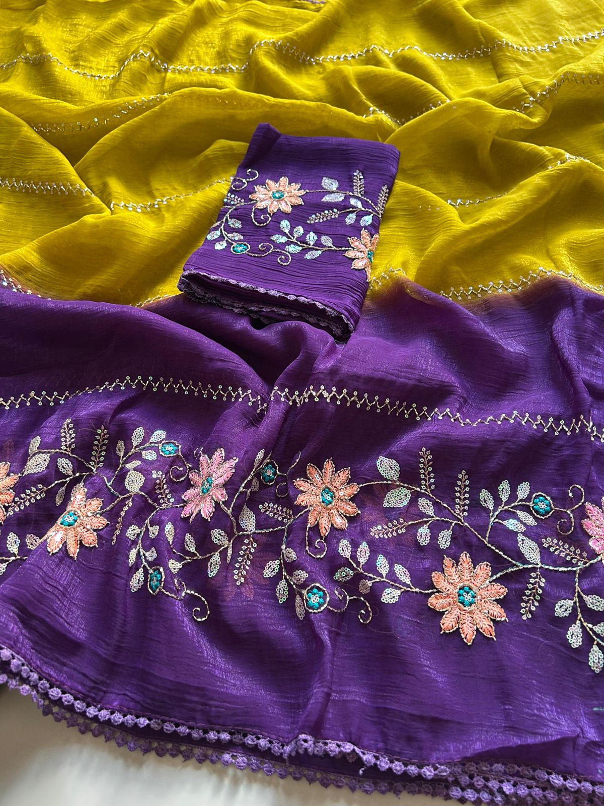 Charismatic Festive Wear Double Shaded Pure Crunchy Embroidery Sequence Work Saree For Ocassion