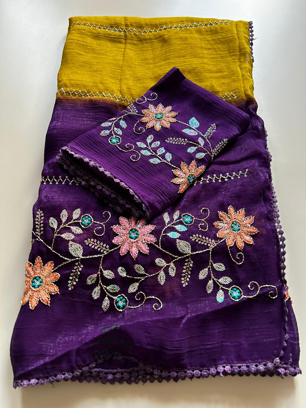 Charismatic Festive Wear Double Shaded Pure Crunchy Embroidery Sequence Work Saree For Ocassion
