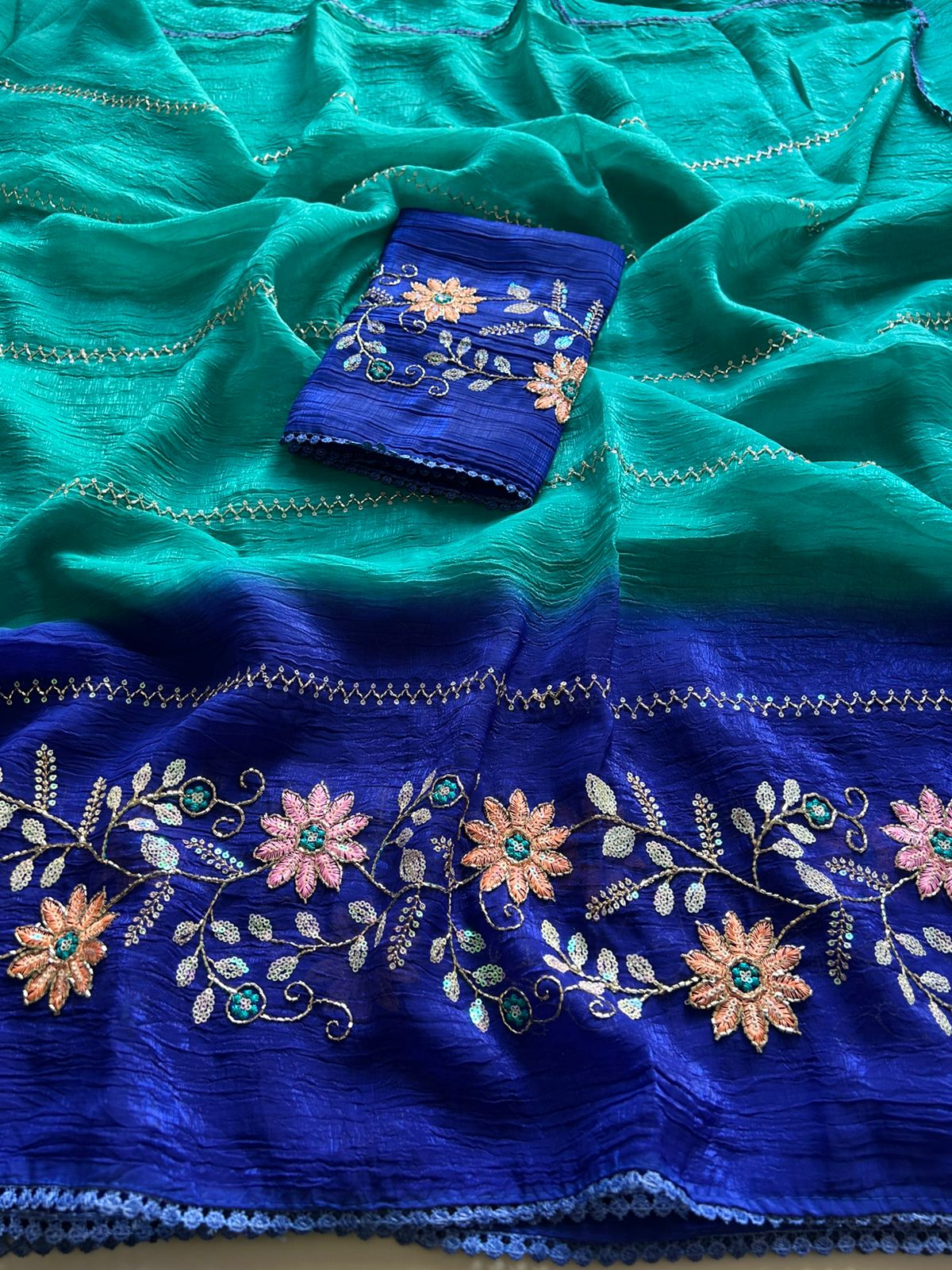 Charismatic Festive Wear Double Shaded Pure Crunchy Embroidery Sequence Work Saree For Ocassion