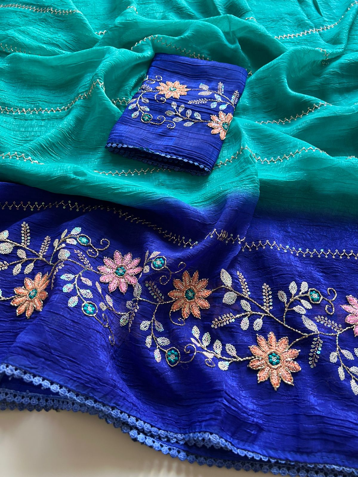 Charismatic Festive Wear Double Shaded Pure Crunchy Embroidery Sequence Work Saree For Ocassion