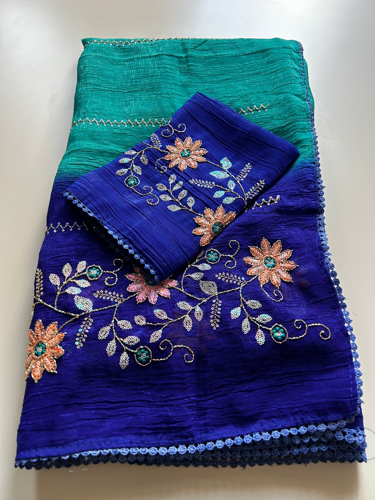 Charismatic Festive Wear Double Shaded Pure Crunchy Embroidery Sequence Work Saree For Ocassion