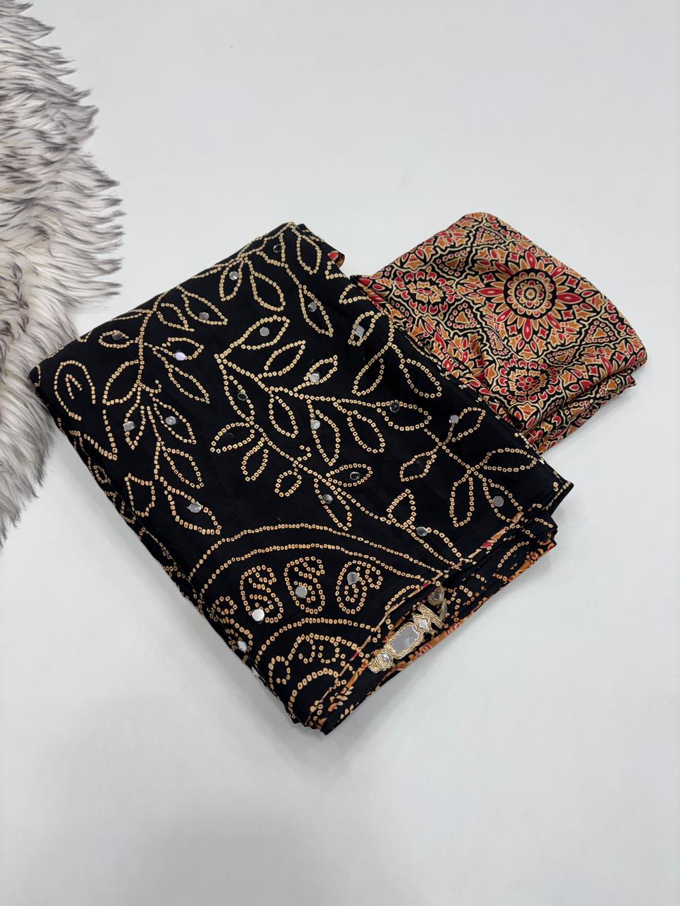 Gratifying Function Wear Pure Satin Silk Ajrak Printed Rich Pallu n Mirror Work Designer Saree With Blouse Piece