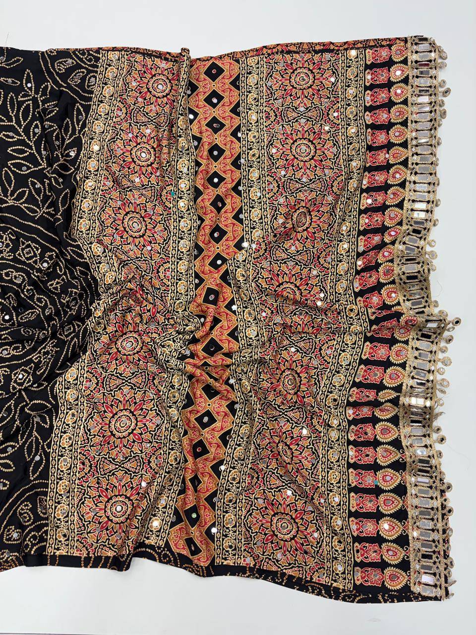 Gratifying Function Wear Pure Satin Silk Ajrak Printed Rich Pallu n Mirror Work Designer Saree With Blouse Piece