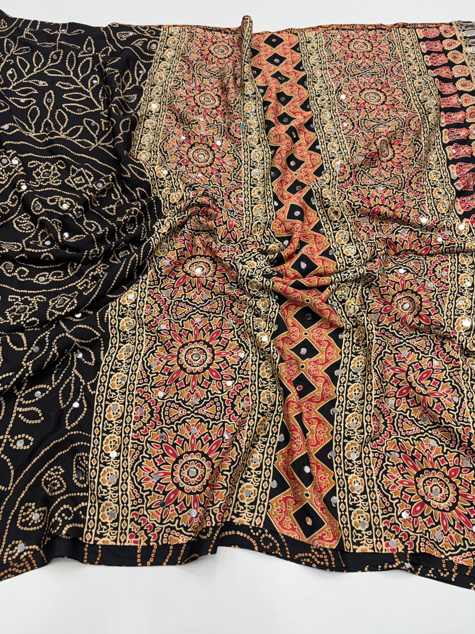 Gratifying Function Wear Pure Satin Silk Ajrak Printed Rich Pallu n Mirror Work Designer Saree With Blouse Piece