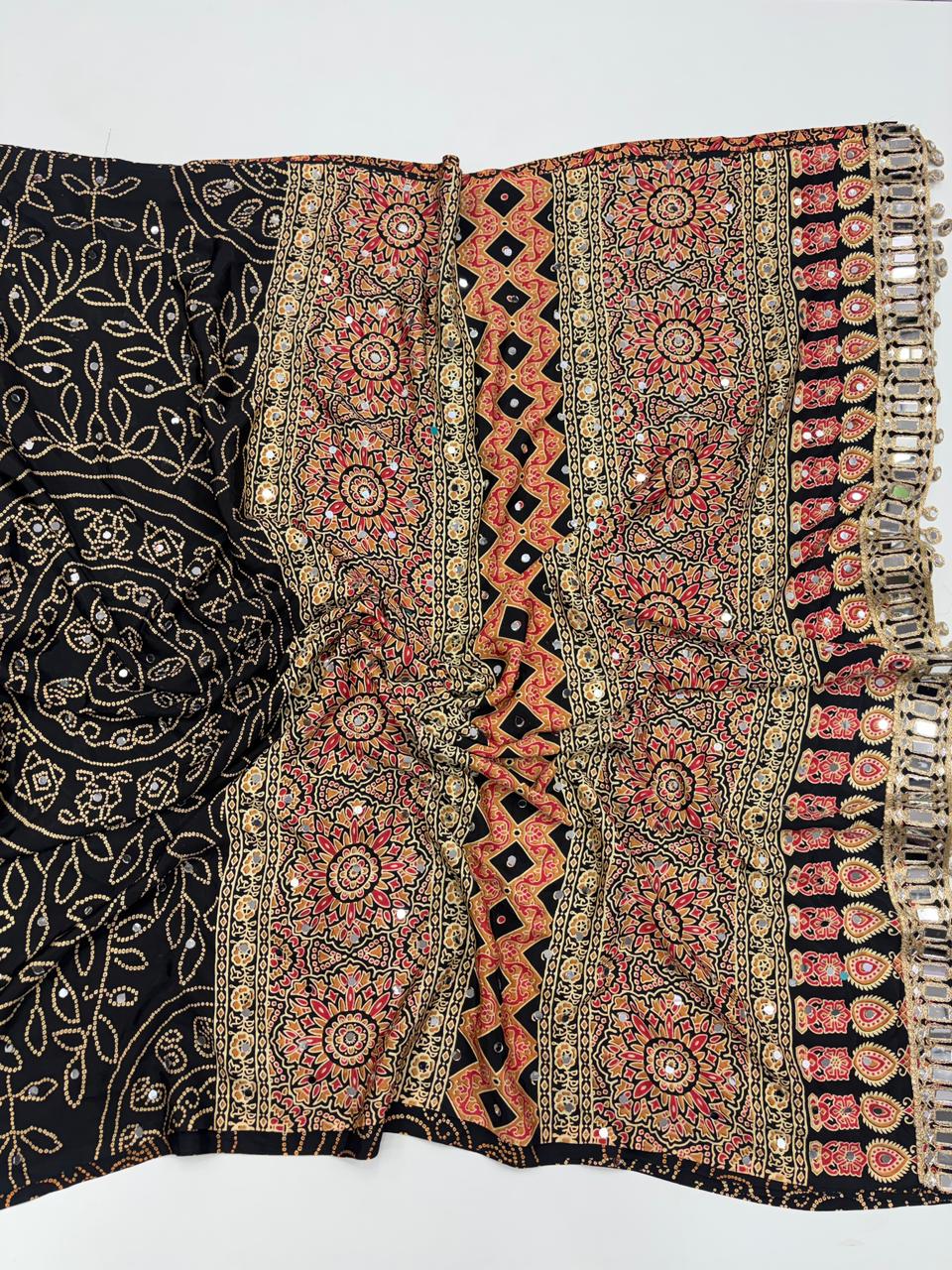 Gratifying Function Wear Pure Satin Silk Ajrak Printed Rich Pallu n Mirror Work Designer Saree With Blouse Piece
