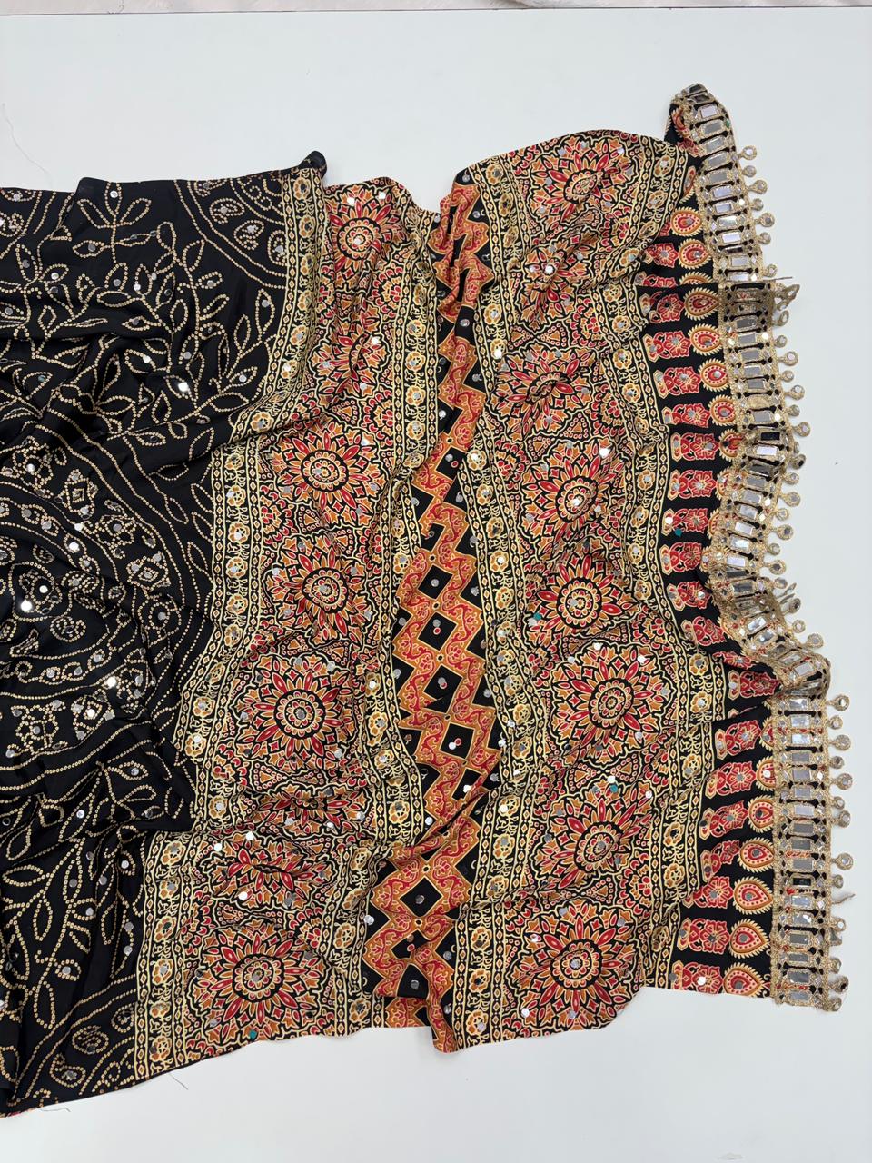 Gratifying Function Wear Pure Satin Silk Ajrak Printed Rich Pallu n Mirror Work Designer Saree With Blouse Piece