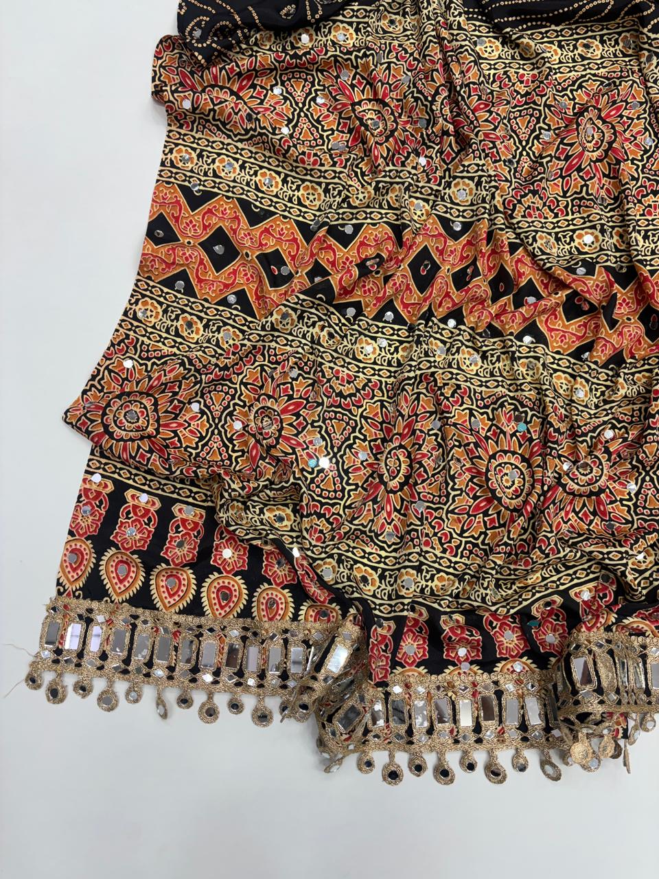 Gratifying Function Wear Pure Satin Silk Ajrak Printed Rich Pallu n Mirror Work Designer Saree With Blouse Piece