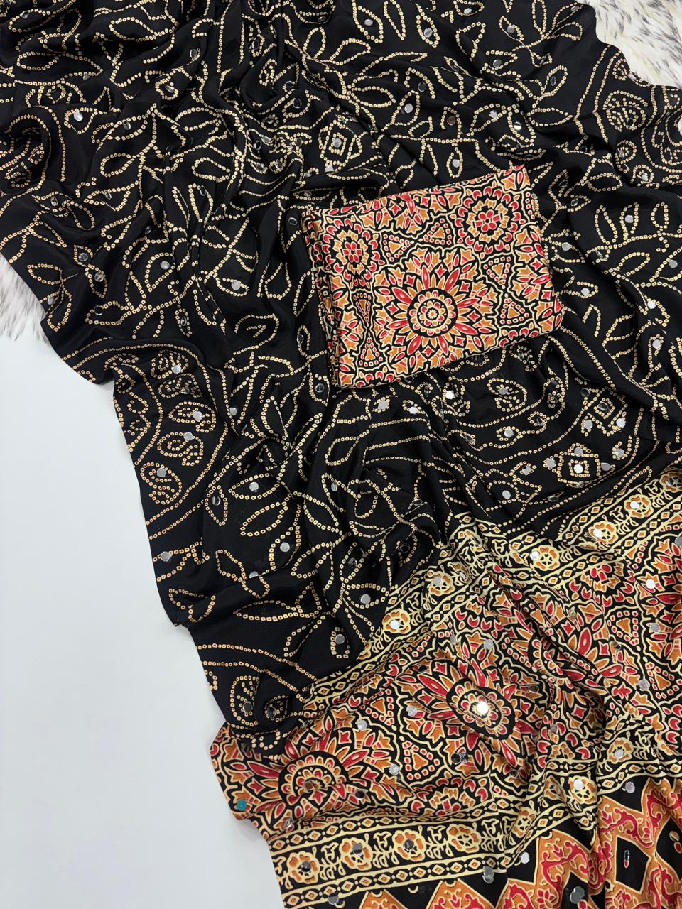 Gratifying Function Wear Pure Satin Silk Ajrak Printed Rich Pallu n Mirror Work Designer Saree With Blouse Piece